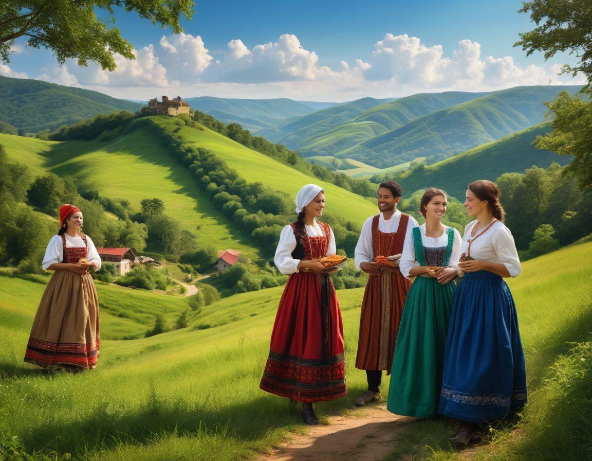 A warm, inviting scene depicting a diverse group of people in Georgia, joyously engaging in community activities, symbolizing love and connection. Include elements of traditional Georgian culture, such as folk costumes and local cuisine, to highlight solidarity. The backdrop features lush green landscapes typical of Georgia, with rolling hills and a bright blue sky. The overall mood should feel uplifting and vibrant, showcasing emotions of joy and passion. super-realistic. vibrant colors. natural setting.