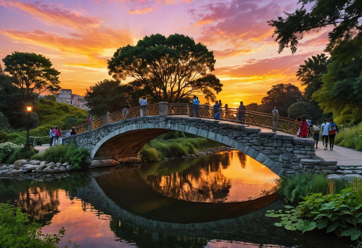 A serene landscape of a bridge connecting two vibrant communities, symbolizing unity and partnership under a glowing sunset. Diverse groups of people are seen engaging in dialogue and laughing together, showcasing empathy and collaboration. Lush greenery surrounds the bridge, with subtle hints of Georgian architecture in the backdrop. The atmosphere is warm and inviting, radiating positivity. vibrant colors. super-realistic.