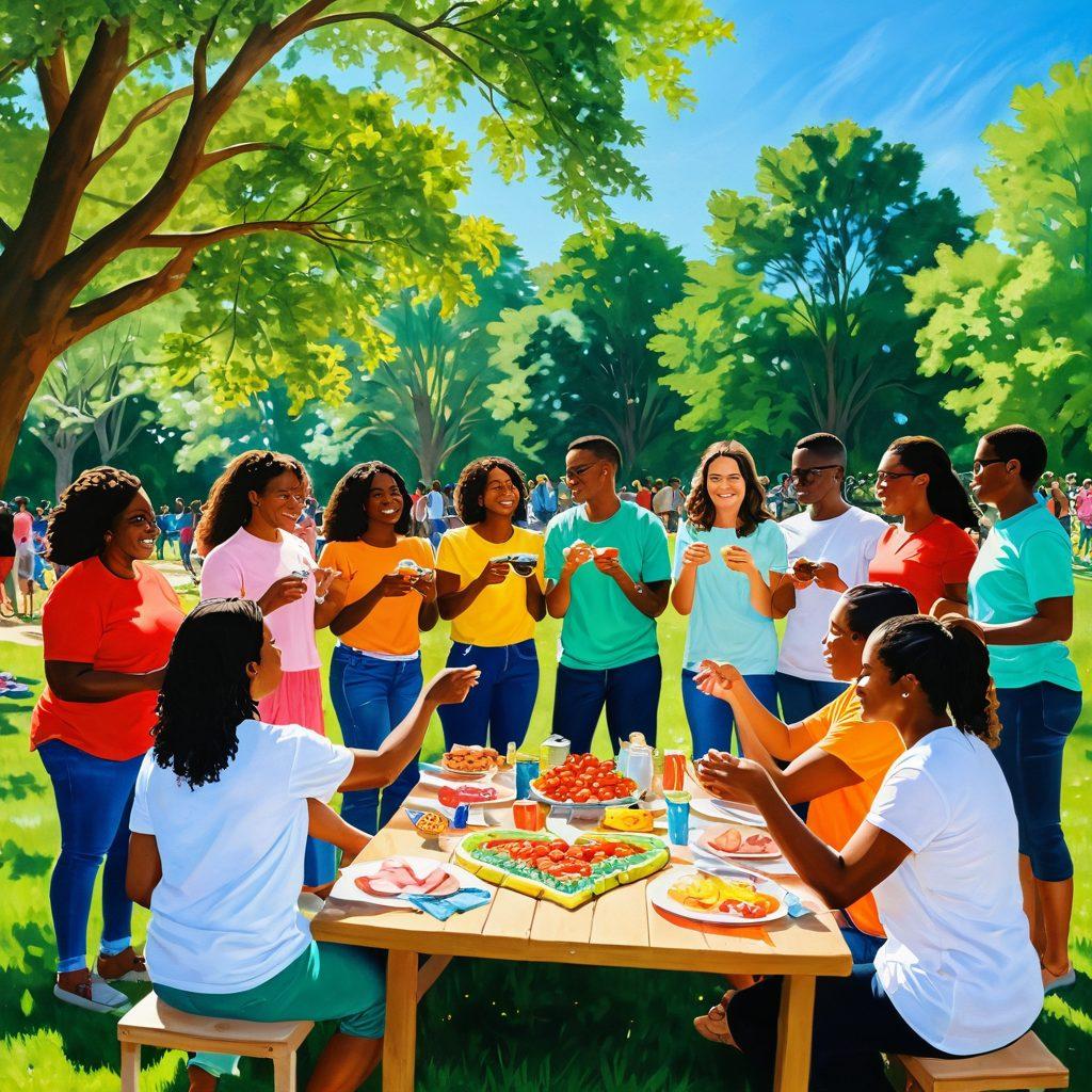 A vibrant community gathering in a sunny park in Georgia, showcasing diverse groups of people joyfully interacting, sharing food, and participating in group activities. Include elements of love and unity such as heart shapes, intertwined hands, and colorful banners representing support and togetherness. The lush green surroundings enhance the sense of community. painting. vibrant colors. sunny day.